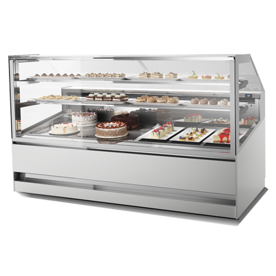 front of the right-angled cake counter 	bakery cooler