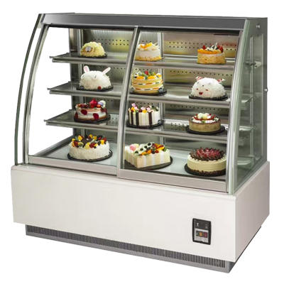 Front sliding doors on a four-tiered cake stand bakery cooler