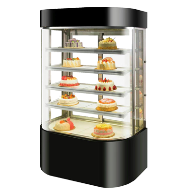 Vertical cake cabinet with five layers of curved glass  Black Curved Glass Dry Bakery Display