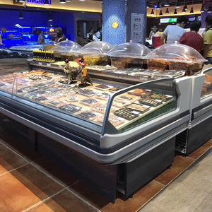 Open-ended Stainless steel curved glass rear sliding door Deli cabinet Display case for deli food Refrigerated meat display