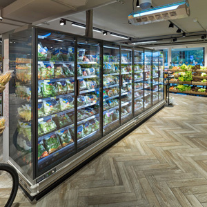 Display case with glass door in supermarket